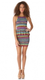 Carrieâ€™s rainbow striped peplum dress, blue clutch and colorblock ...